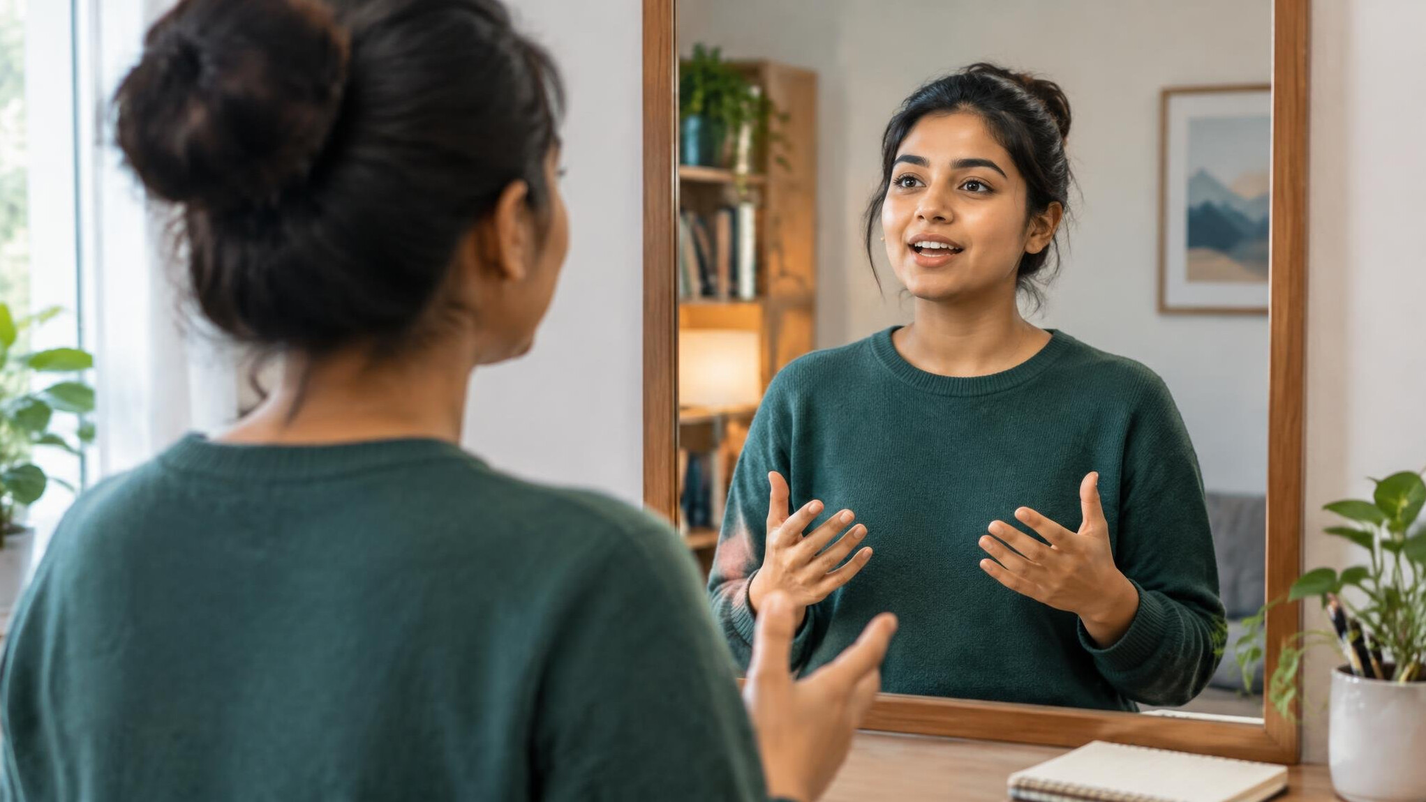 person practicing speech in mirror