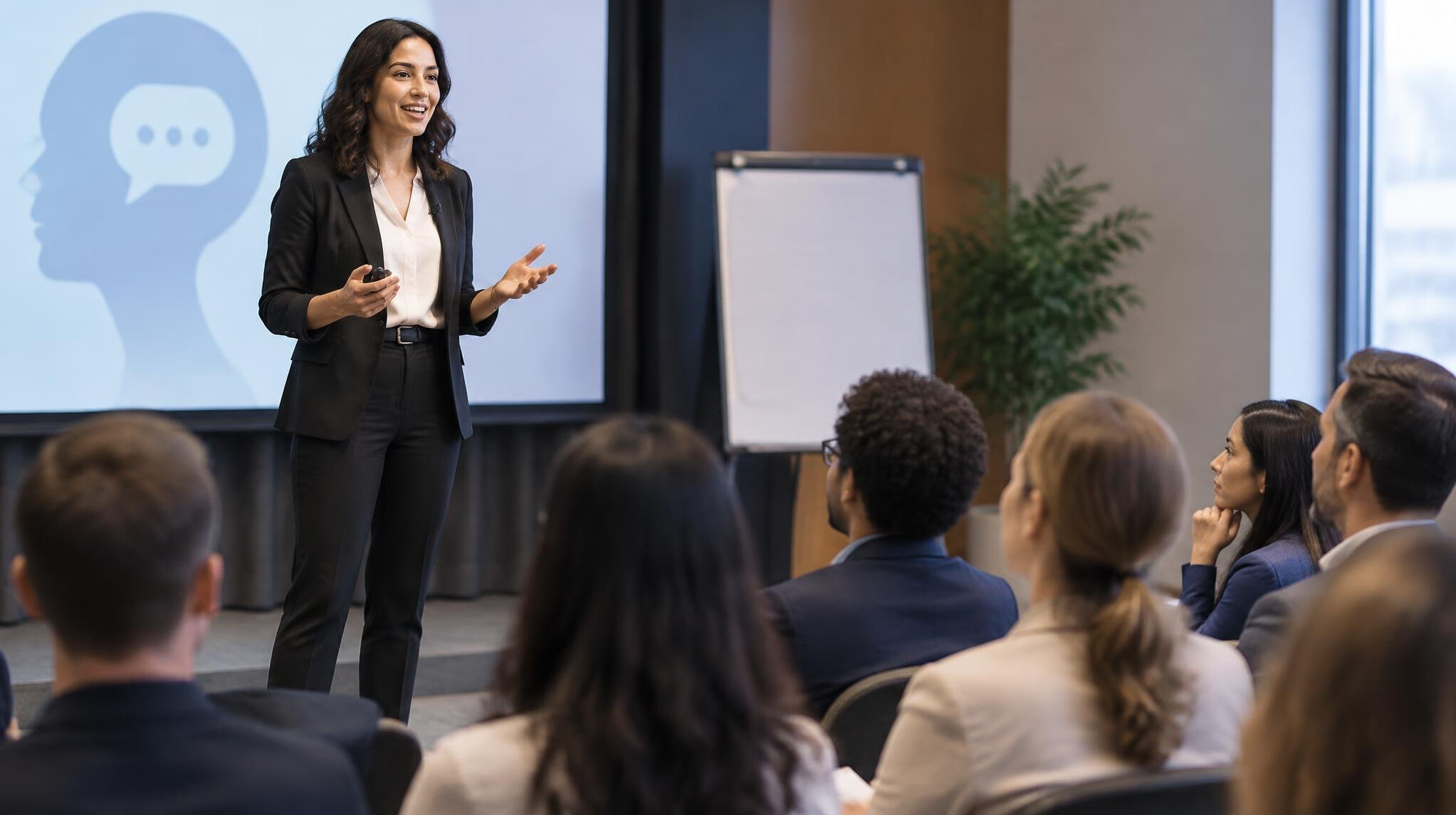 confident speaker on stage